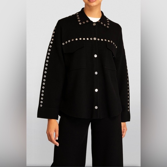 MAJE Knitted Eyelet Black Oversized Over Shirt with Silver Hardware Size: 2 - Picture 2 of 11